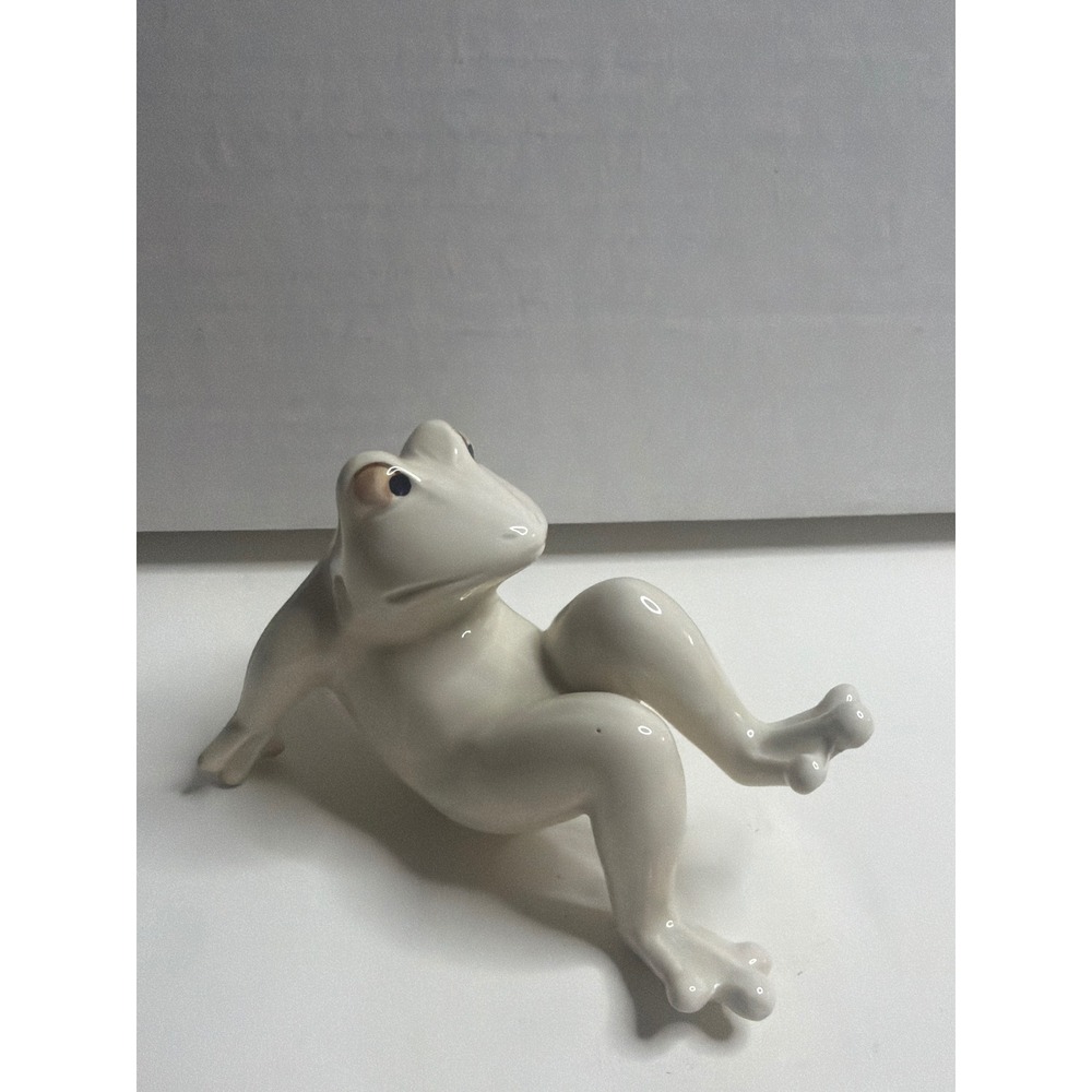 Vintage White Ceramic Yoga Frog Figurine Reclining Zen Home Decor Glossy Finish